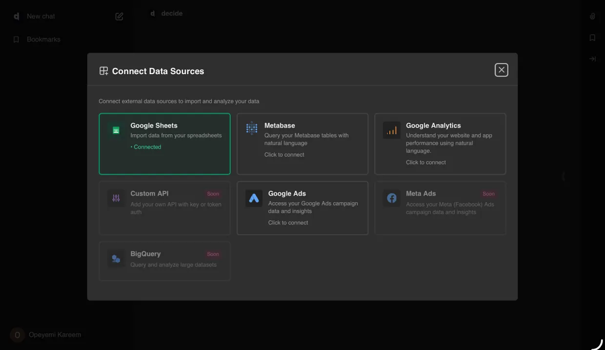 The Decide AI interface showing a spreadsheet analysis being generated from a natural language prompt.
