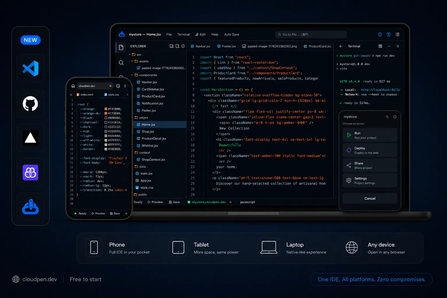 The Cloudpen browser interface showing a code editor, file tree, and terminal running inside a mobile browser.